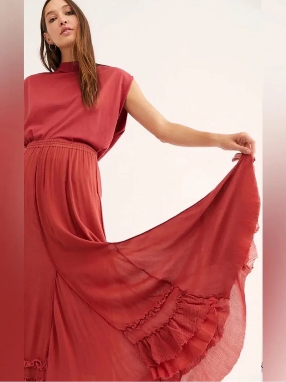 Free People FP One Cypress Ruffle Maxi Skirt Boho Whimsical Pomegranate Rust XS